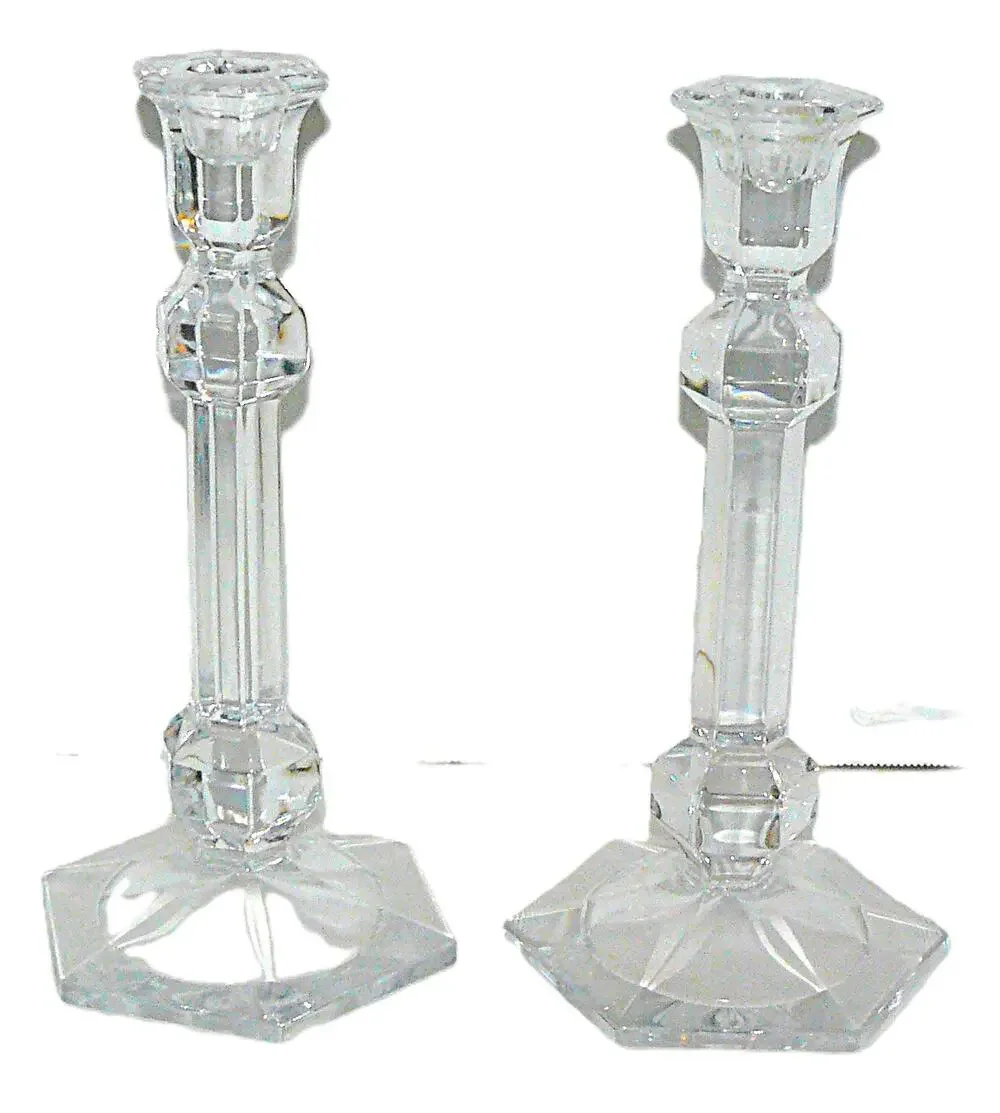 Vtg Pair Clear Glass Hexagonal Base Taper Candlestick Holders Paneled Elegant